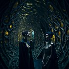 Stylized women in cosmic headpieces in surreal starry tunnel with golden orbs