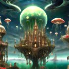 Fantasy landscape with mushroom structures, floating jellyfish, and celestial bodies