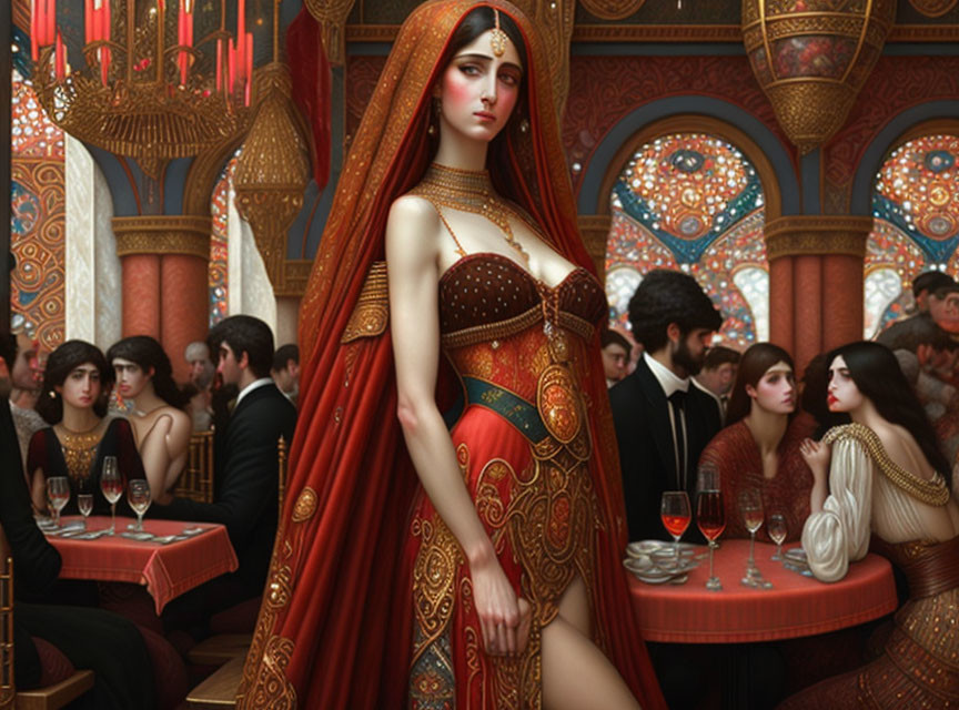 Woman in ornate eastern-style garments at luxurious banquet hall