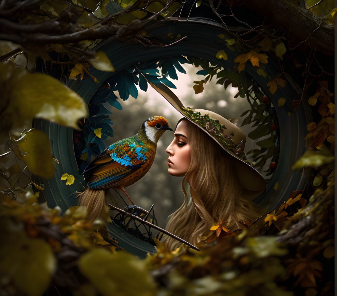 Woman in decorative hat meets colorful bird in whimsical woodland landscape