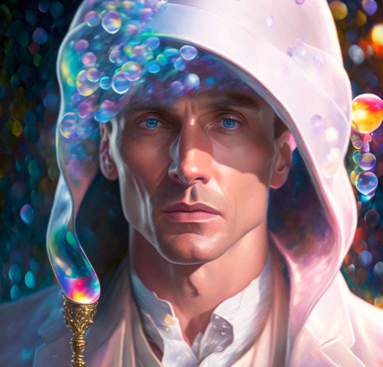 Man with Blue Eyes in White Hat Surrounded by Iridescent Bubbles