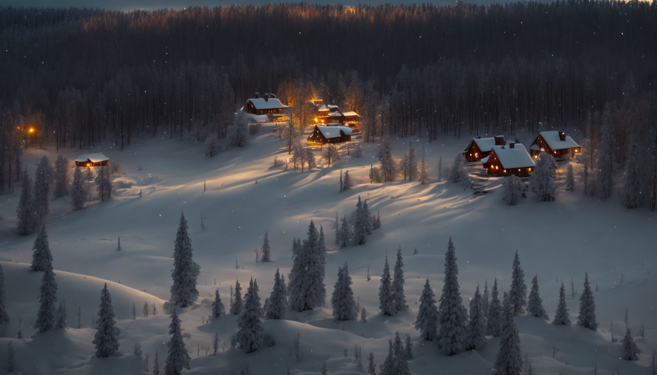 Snow-covered hills and warmly lit cabins in serene winter night scene