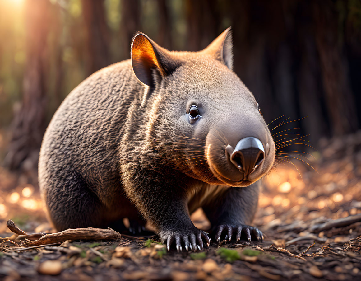 Wombat Close-Up in Forest with Sunlight Filtering Through Trees