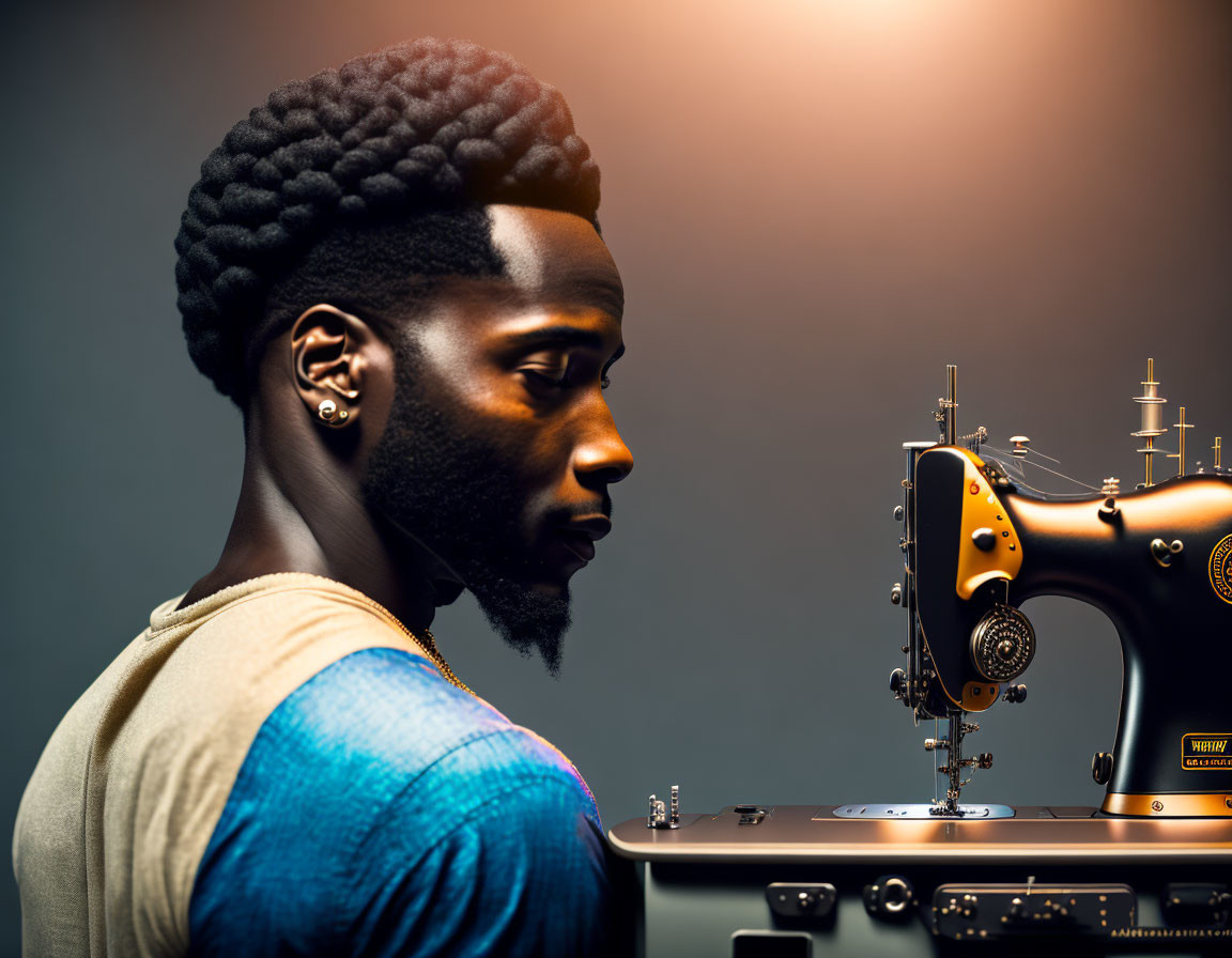 Bearded man gazes at vintage sewing machine on warm background