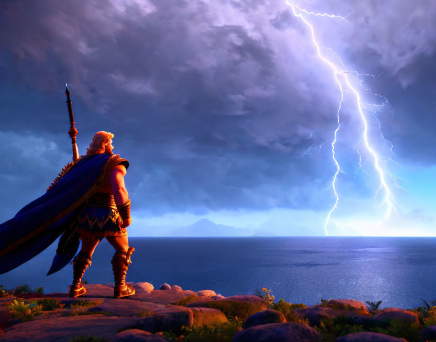 Warrior with spear gazes at stormy sea under lightning sky