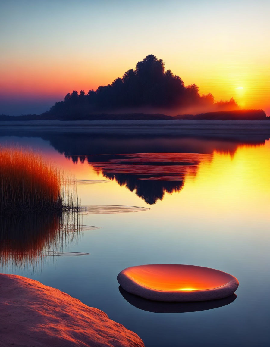 Tranquil lake at sunset with stone, tall grass, vibrant reflection