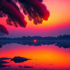 Tranquil lake at sunset with purple and pink skies