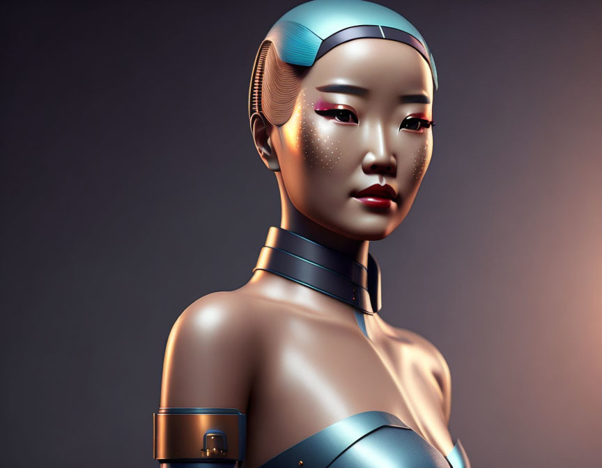 Female humanoid robot with Asian features in metallic skin and futuristic attire on dark background