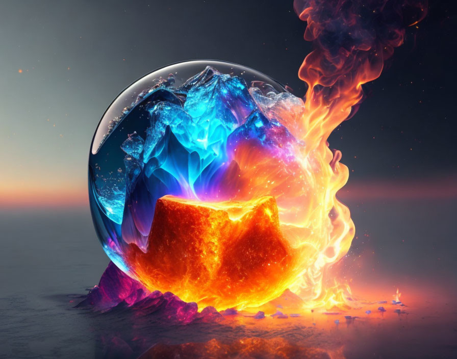 Split Sphere with Icy Mountains and Fiery Lava in Surreal Twilight