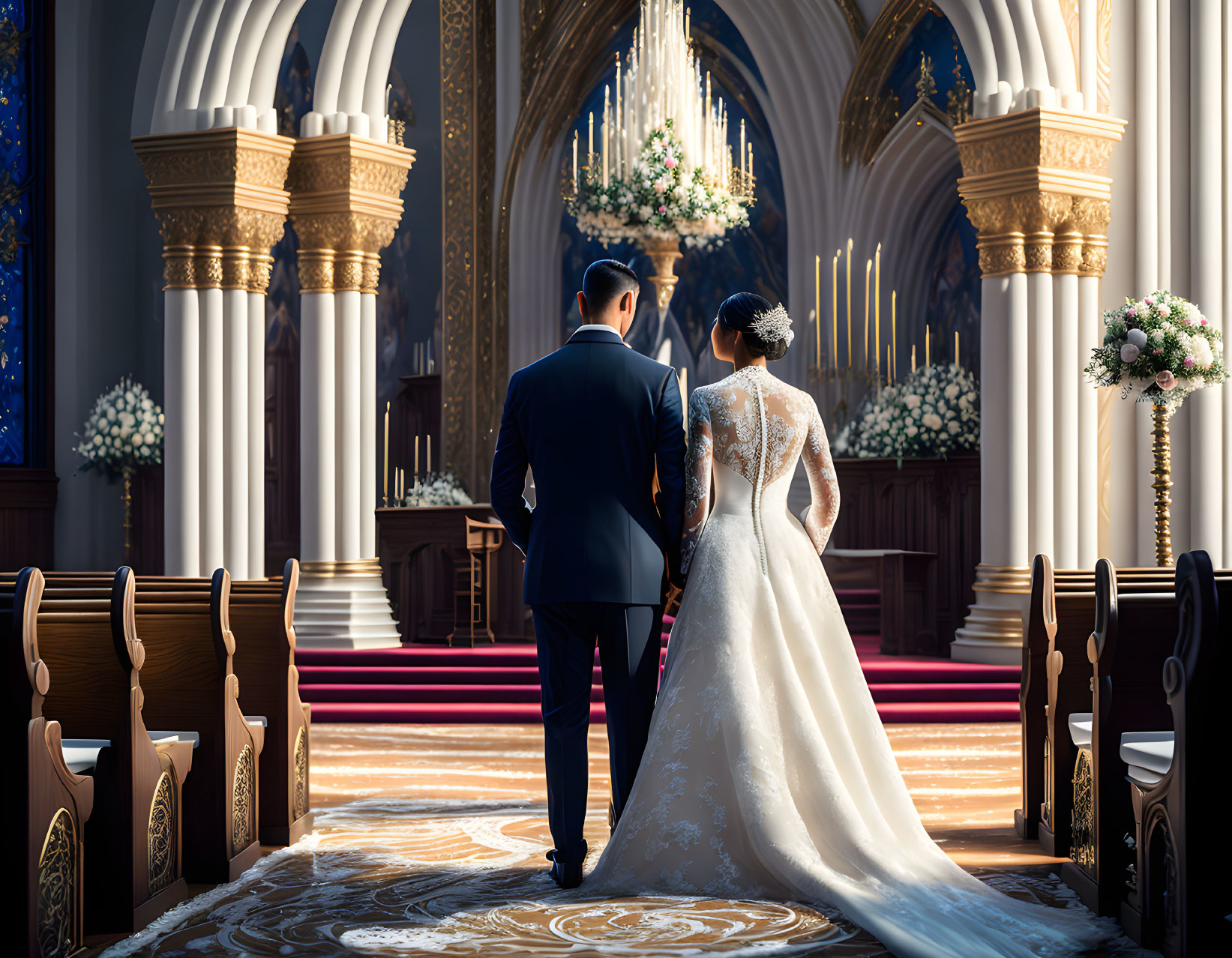 Wedding ceremony in grand church with ornate decorations