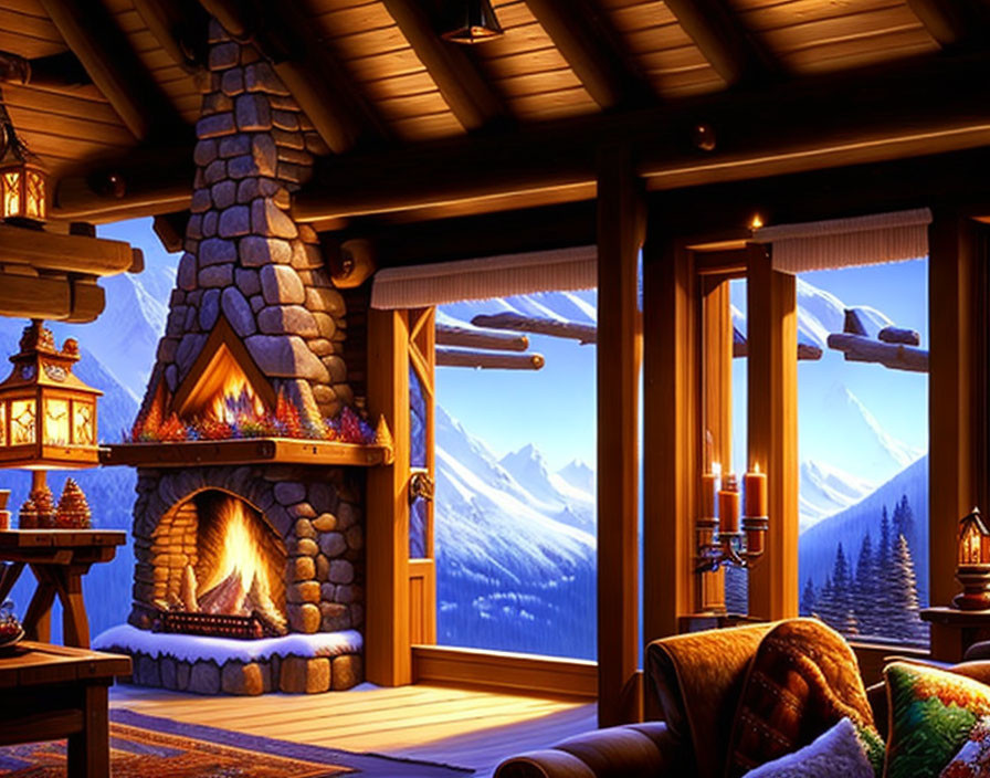 Rustic cabin interior with fireplace and snowy mountain view