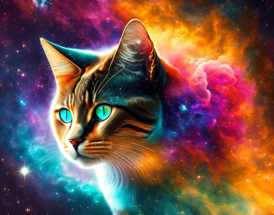 Colorful Cosmic Cat Head Artwork with Blue, Orange, and Pink Hues