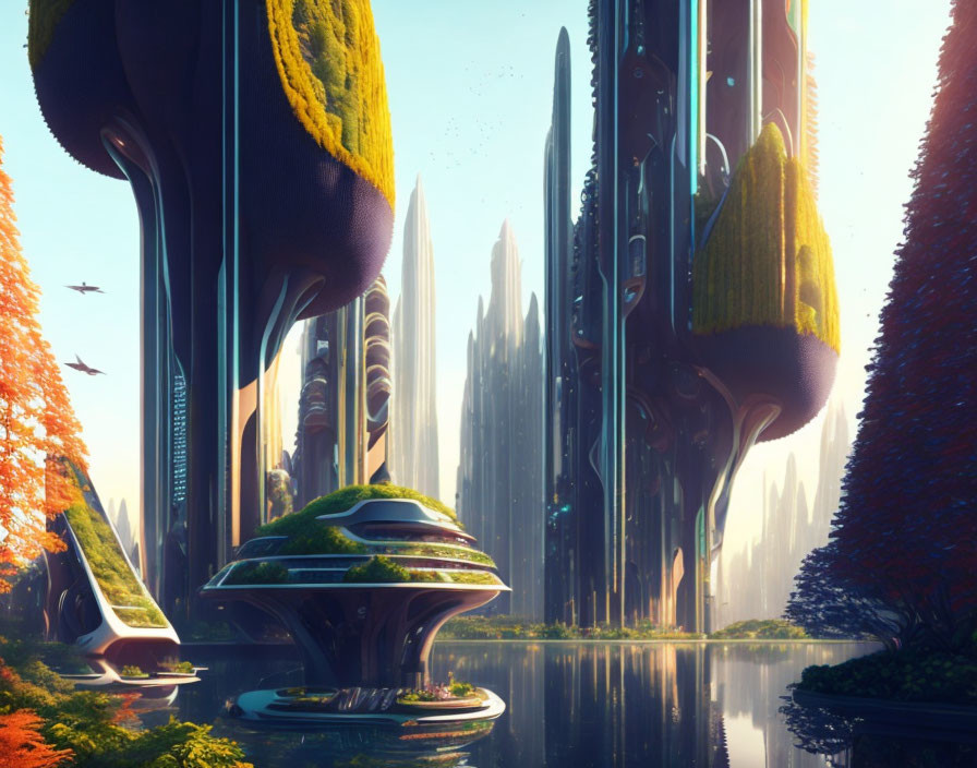 Futuristic cityscape with sleek buildings, lush landscape, and flying birds