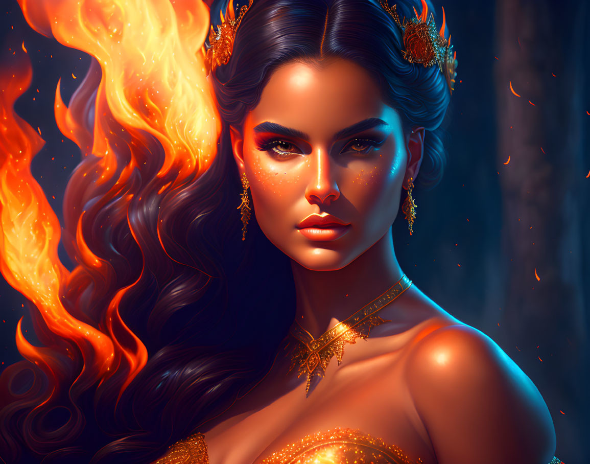 Fiery orange-haired woman with gold jewelry in dark forest setting