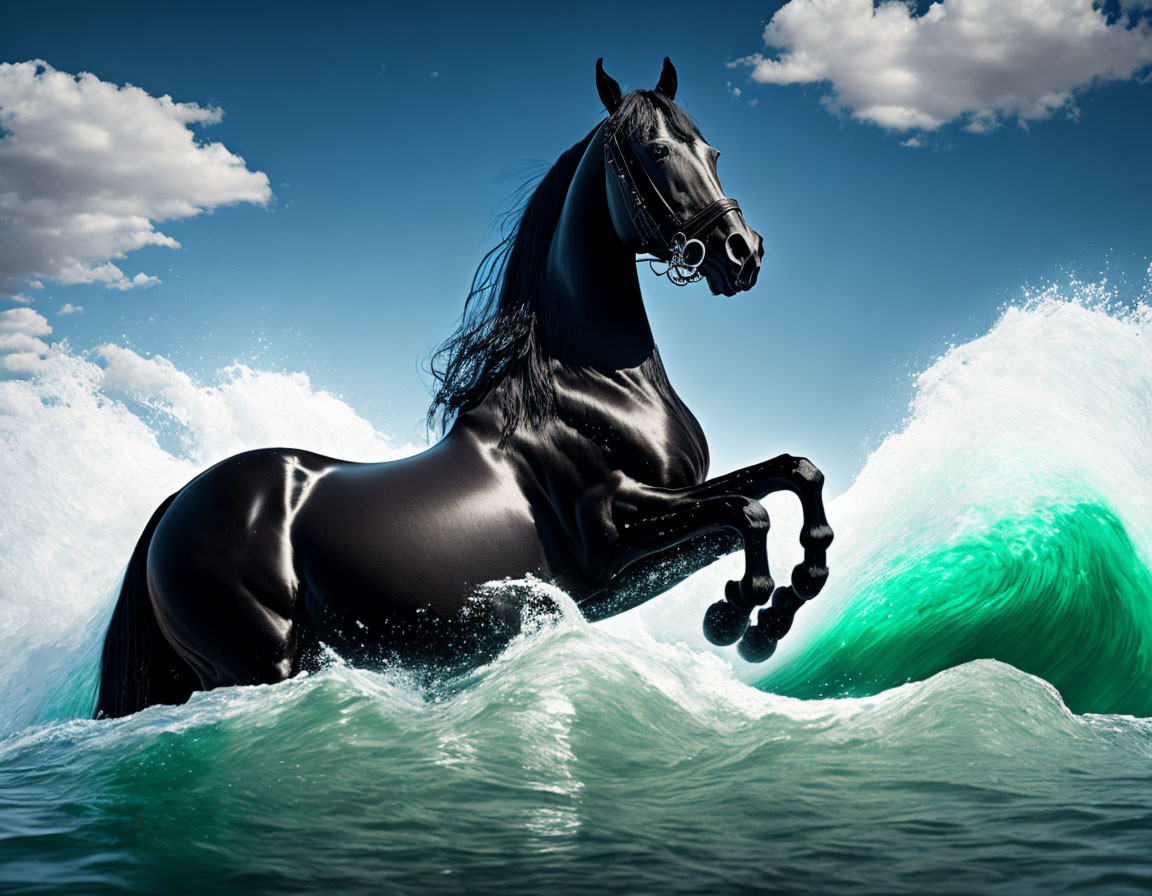 Majestic black horse against turquoise waves and blue sky