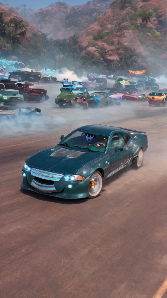 Teal animated race car leads colorful cars on dusty racetrack