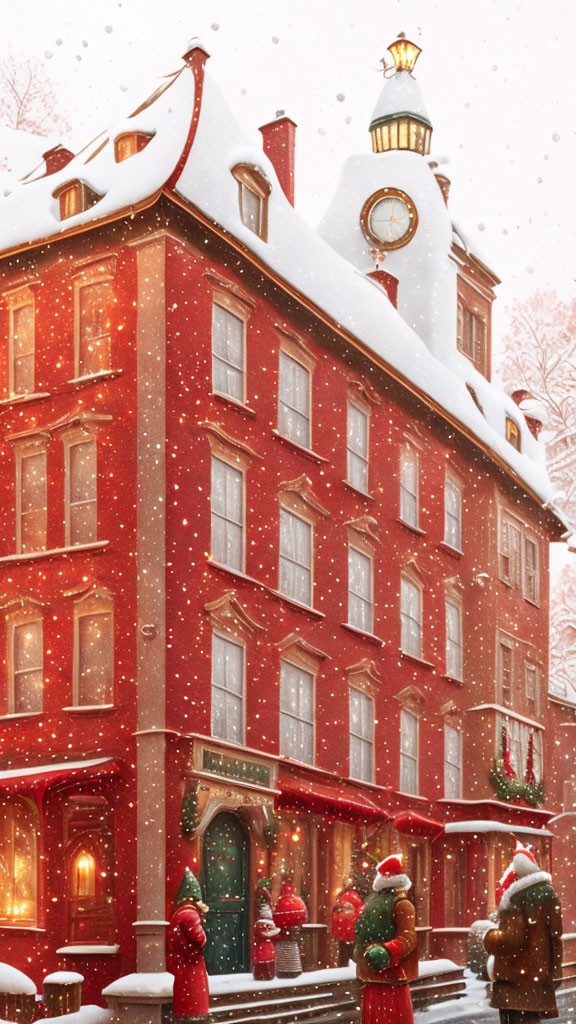 Red Christmas-decorated building with golden clock in snowy scene