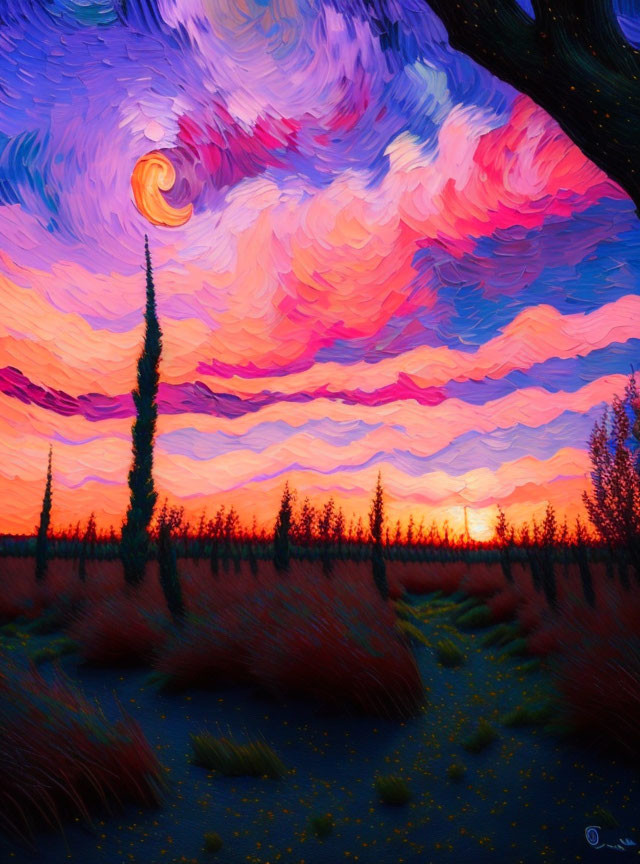 Impressionist-style painting of vibrant sunset with swirling clouds