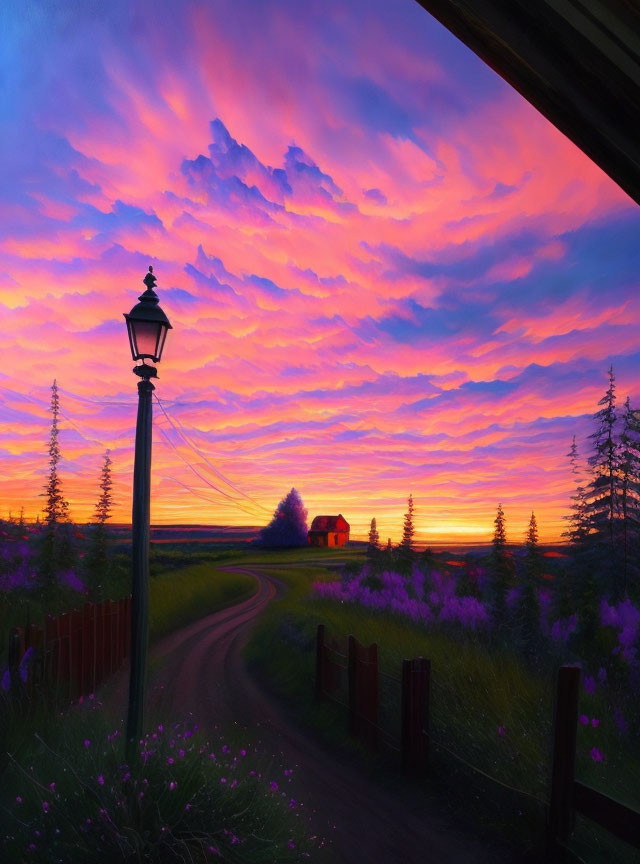 Colorful sunset painting with purple-pink clouds, lamppost, winding road, red house,