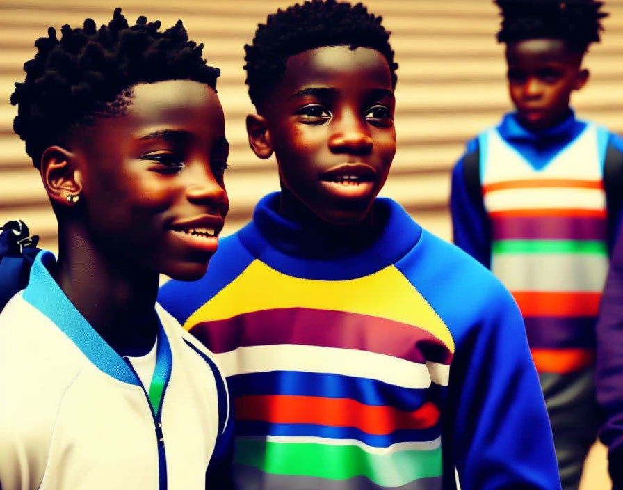 Three Boys Smiling: Colorful Hoodie, Blue Jacket