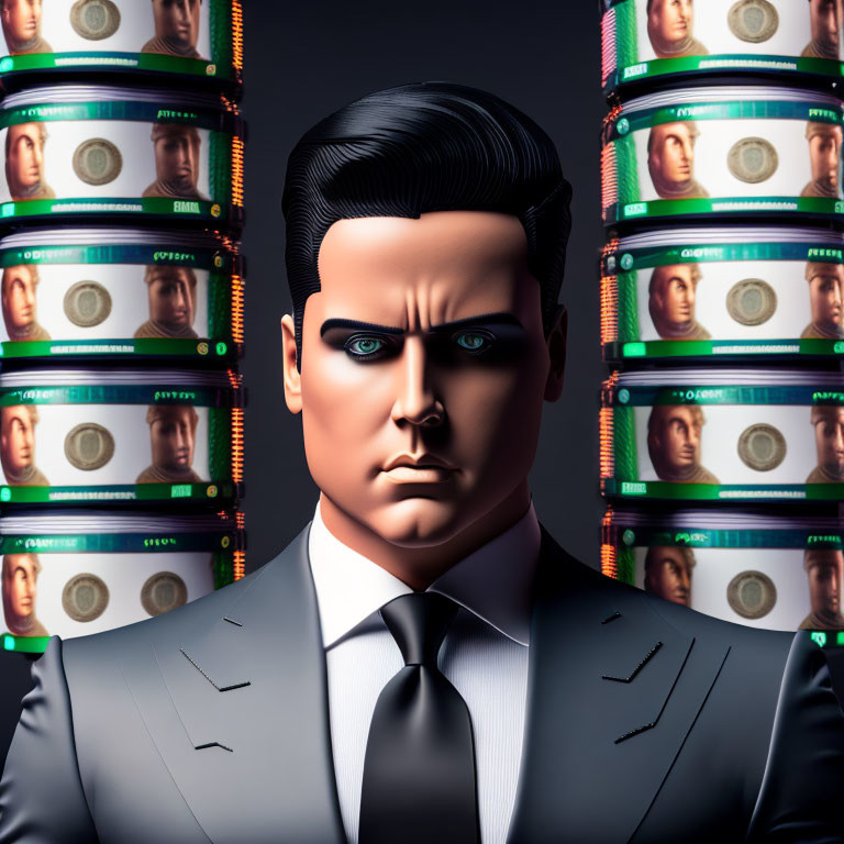 Stylized man in suit with exaggerated features surrounded by vintage reel-to-reel tape machines