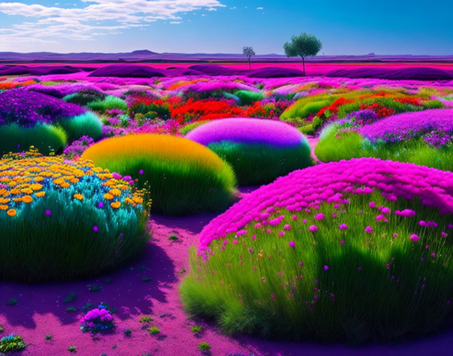 Colorful Landscape: Rolling Hills & Multicolored Flowers