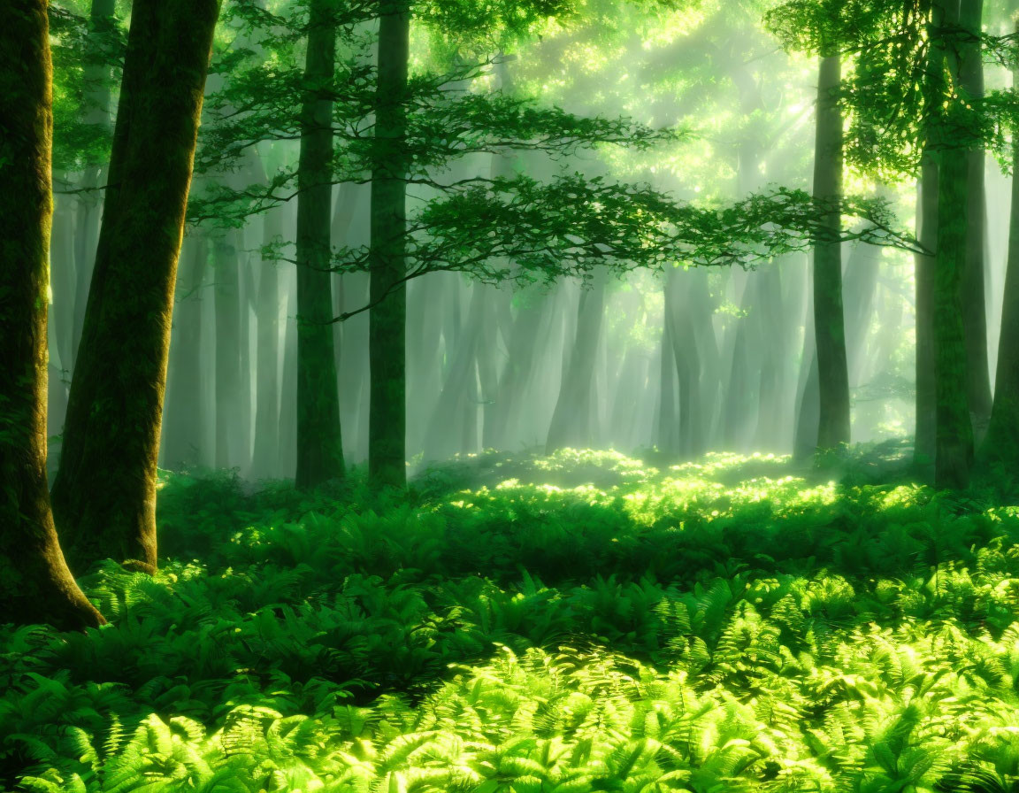 Misty forest scene with sunlight filtering through, illuminating green ferns