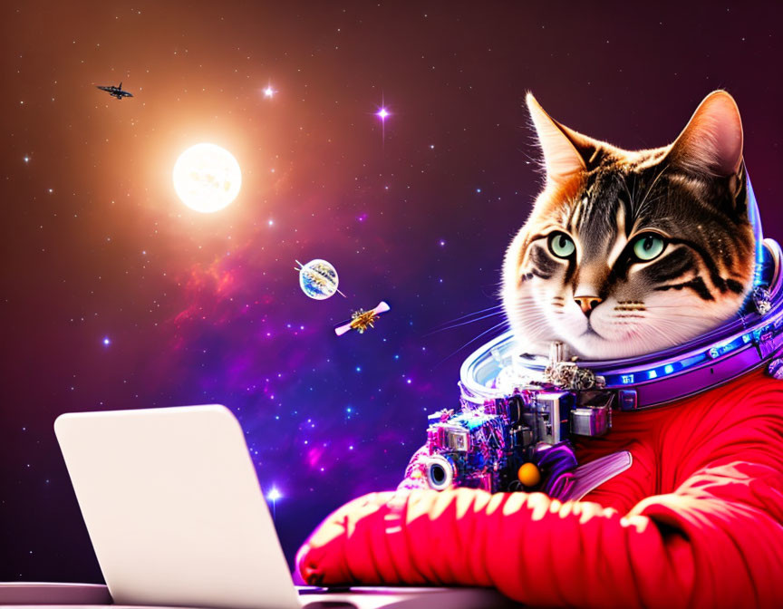 Cat in astronaut suit uses laptop in space with Moon, Earth, and satellite.