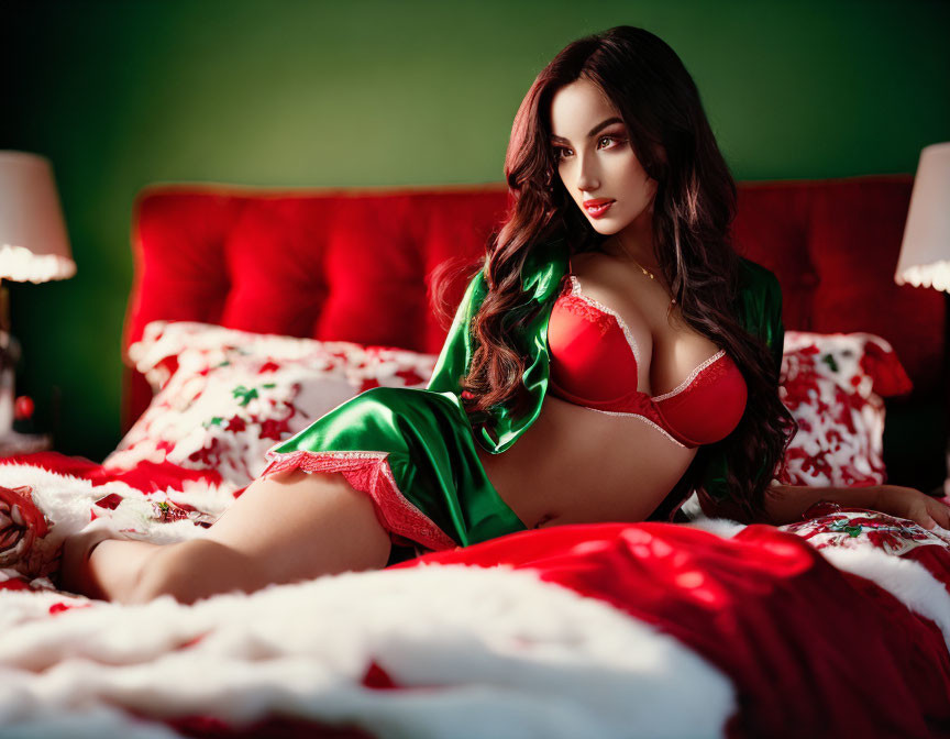 Woman in red lingerie and green robe on red bed in greenish room with lamp lighting