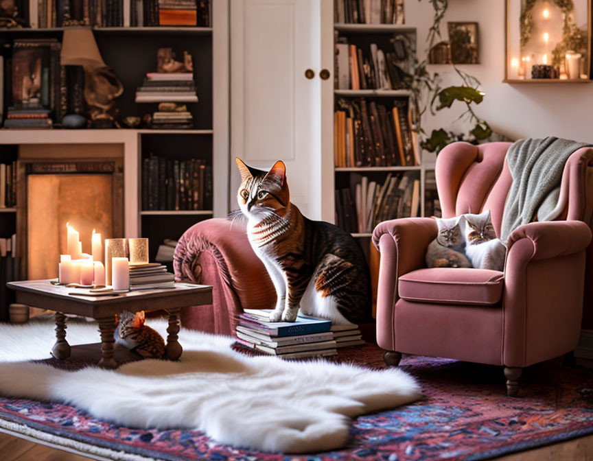 Warm Room with Bookshelves, Cats, Candles, and Plush Rug