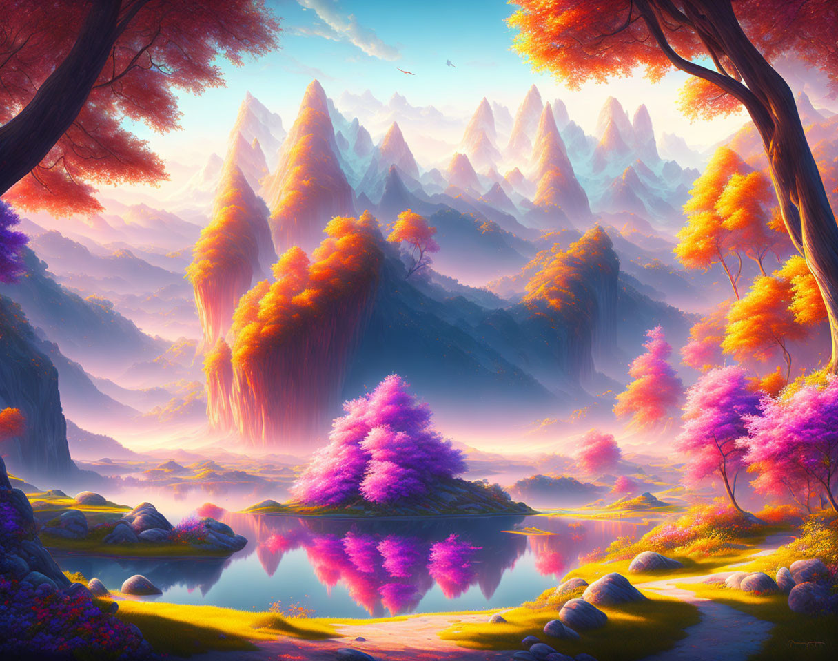 Majestic fantasy landscape with purple trees, lake, waterfalls & mountains