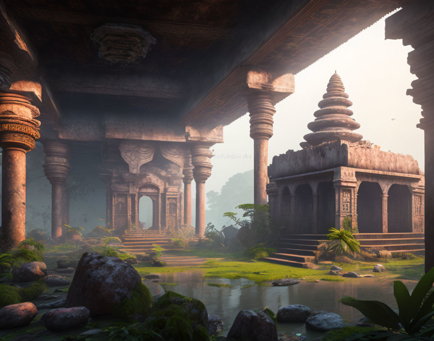 Ancient stone temples with intricate carvings in misty morning light