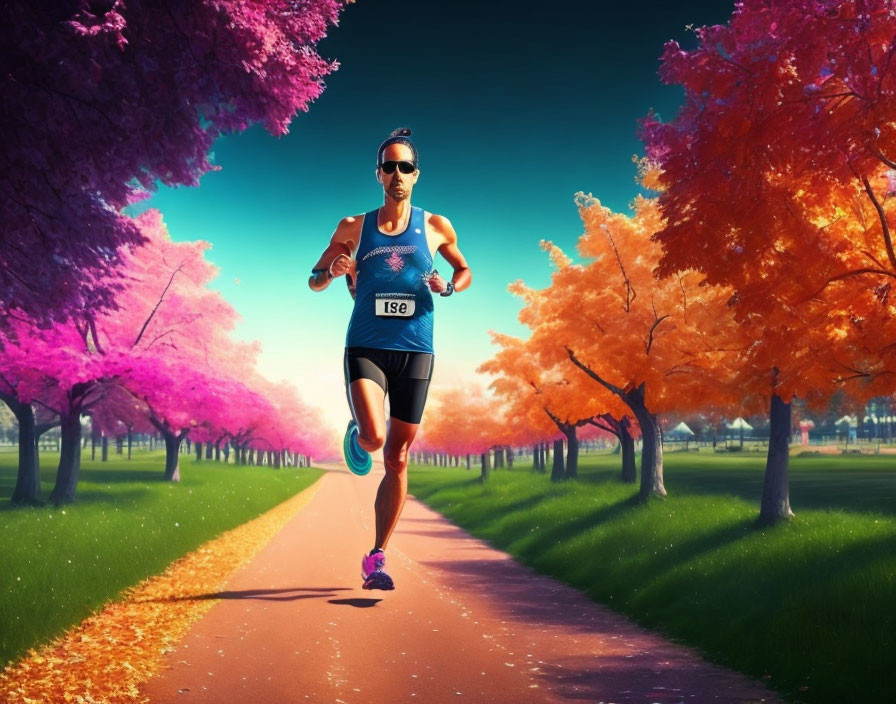 Runner with sunglasses and earphones on vibrant tree-lined path