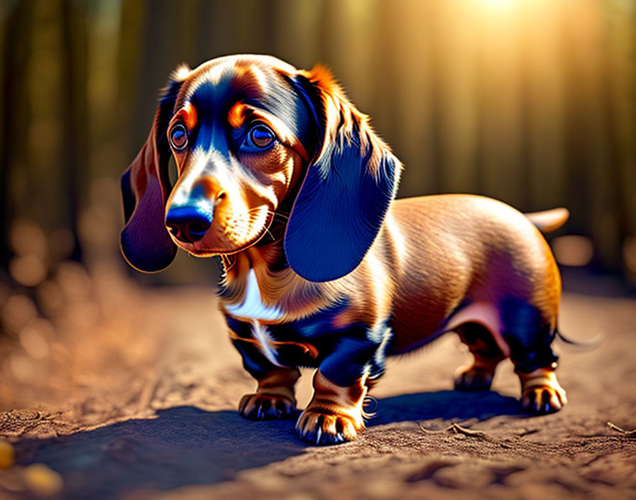 Curious dachshund on dirt path under sunlight through trees