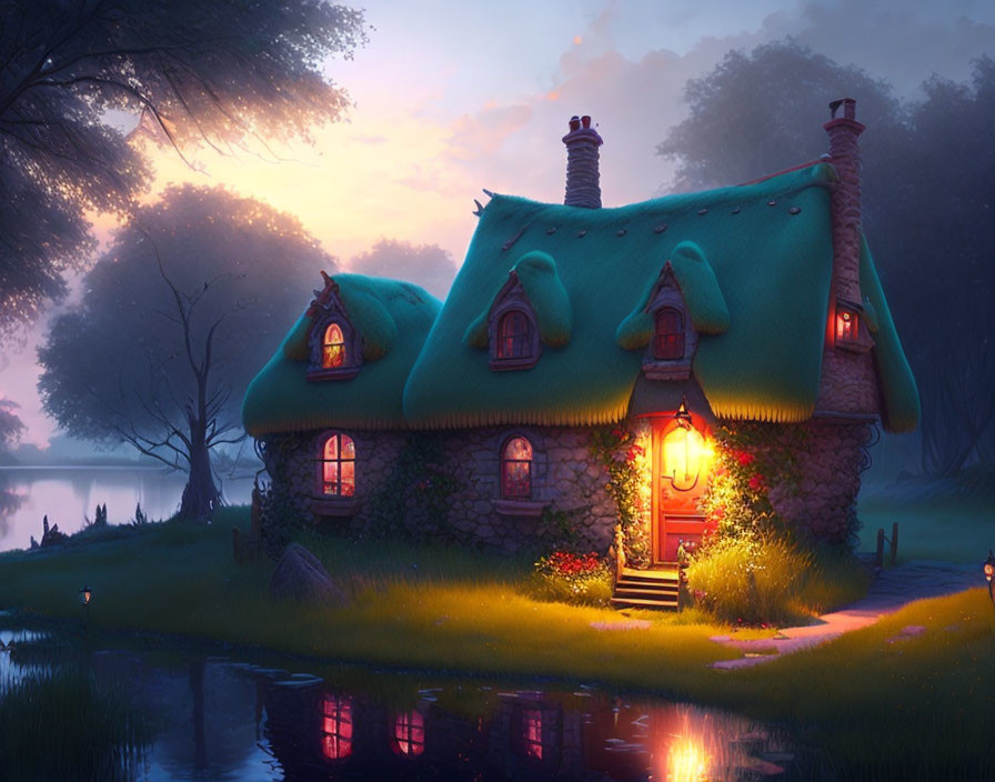 Thatched Roof Cottage by Serene Lake at Twilight