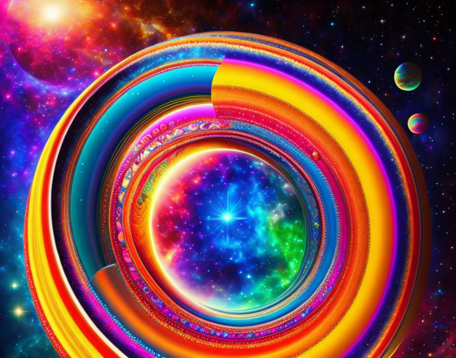 Colorful digital artwork: swirling cosmic portal with fractal patterns in starry space.