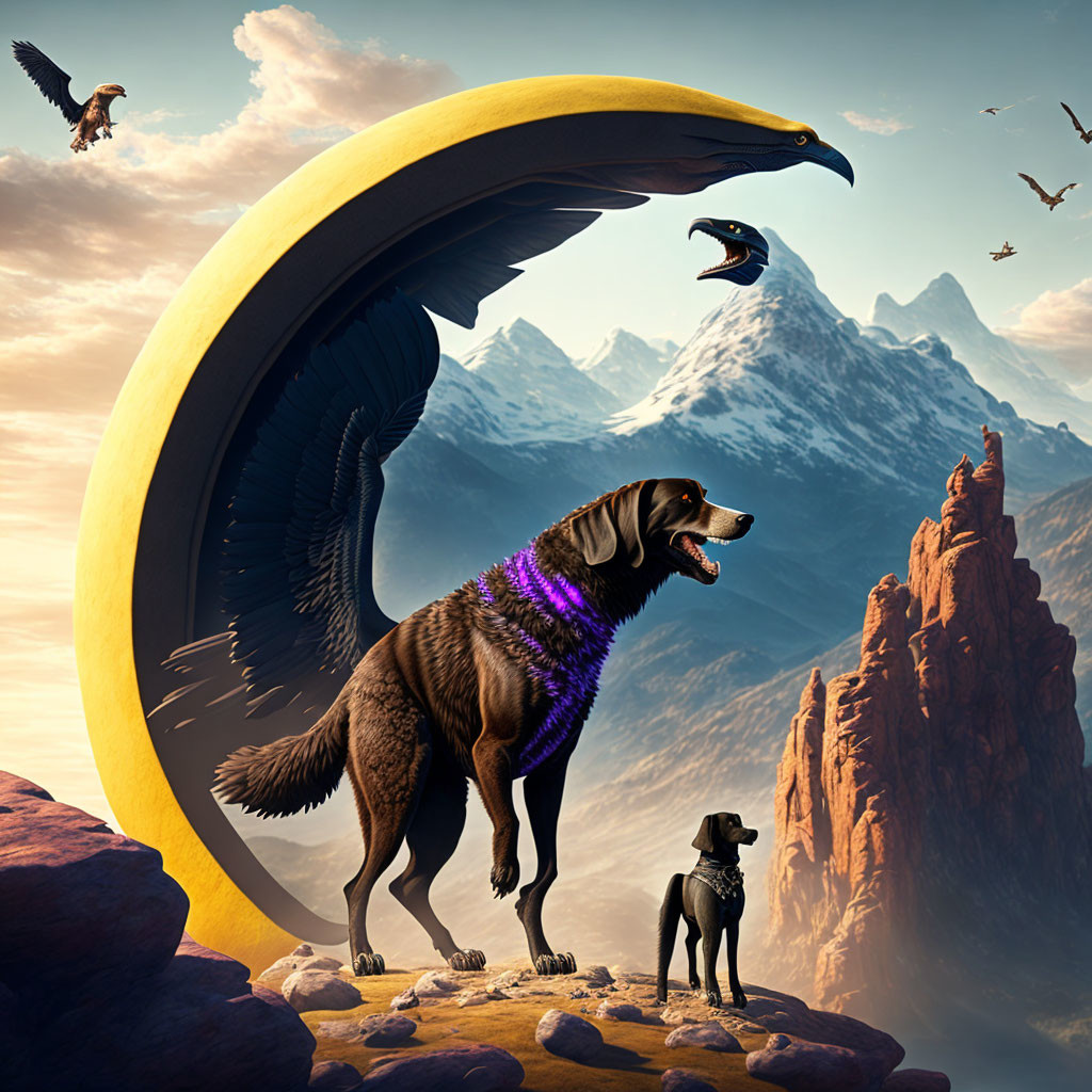 Purple-necked large dog inside yellow crescent moon with smaller dog in surreal landscape.