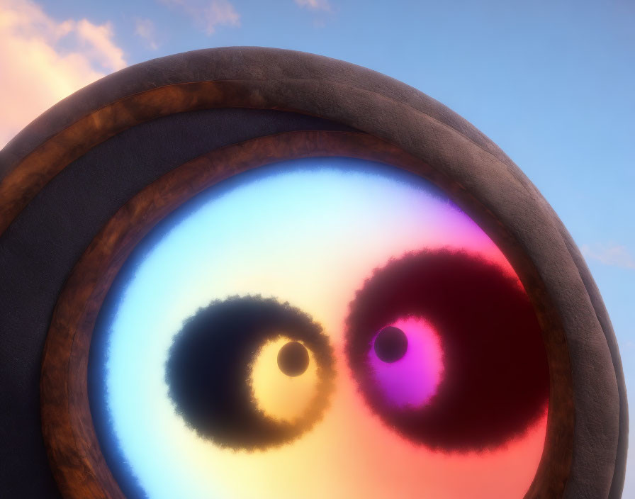 Colorful animated character eyes with blue and orange gradient against soft-focus sky