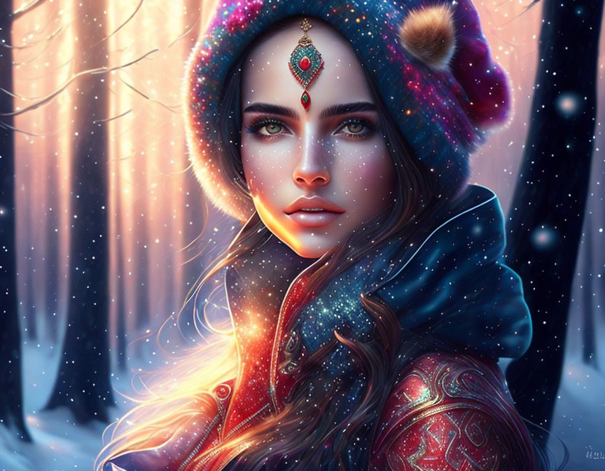 Digital artwork of woman with striking eyes and face jewelry in colorful hood against snowy forest.