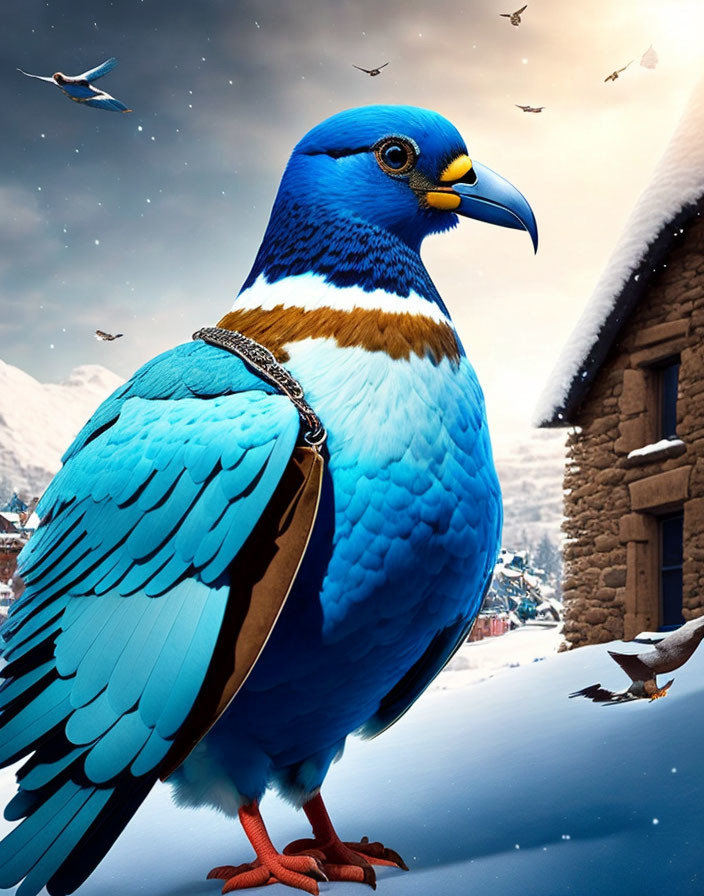 Blue bird with yellow beak in snowy landscape