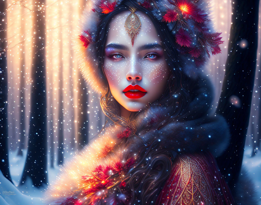 Woman with blue eyes, red flowers, and gold jewelry in snowy forest