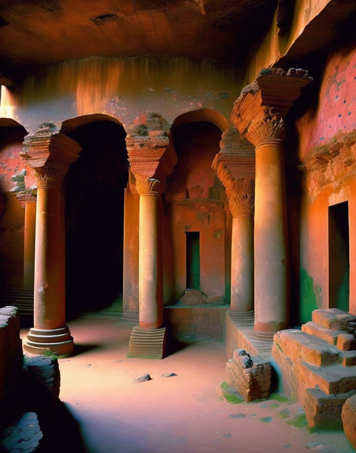 Ancient Rock-Cut Architecture with Tall Columns in Warm Earthy Tones