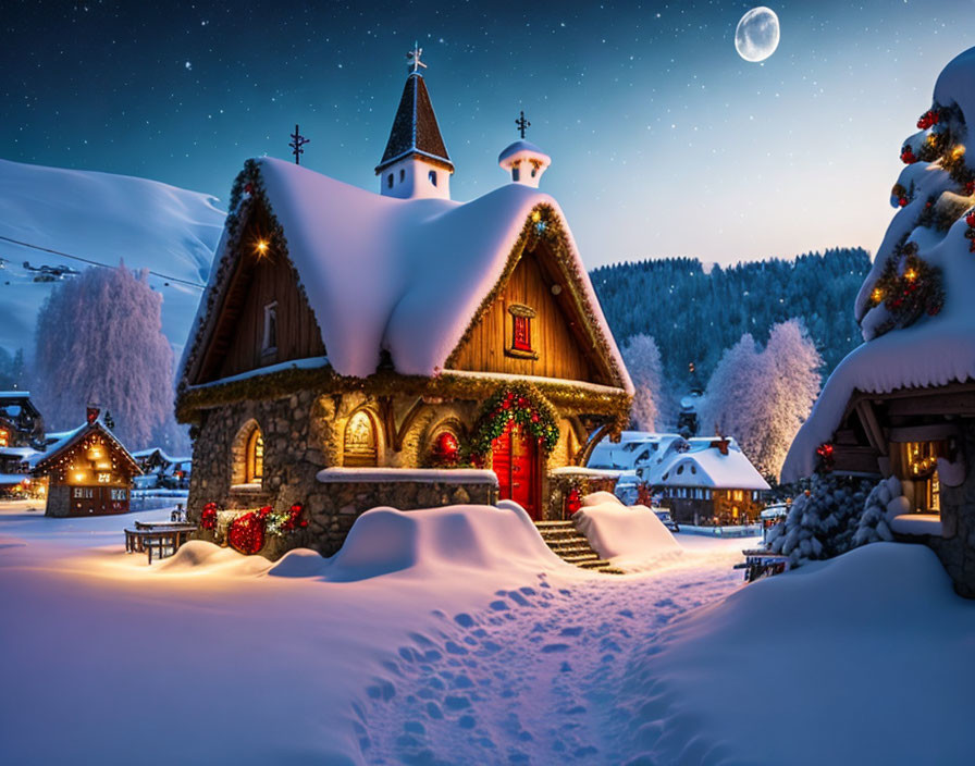 Snowy winter night with illuminated house, church, and full moon.