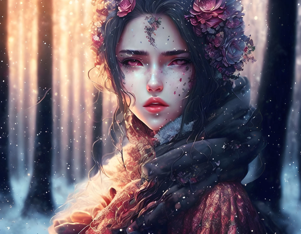 Digital painting of woman with floral crown and freckles in snowy forest