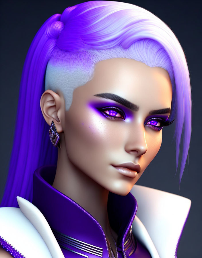 Portrait of a person with purple hair and matching eyeshadow, defined eyebrows, and earring on