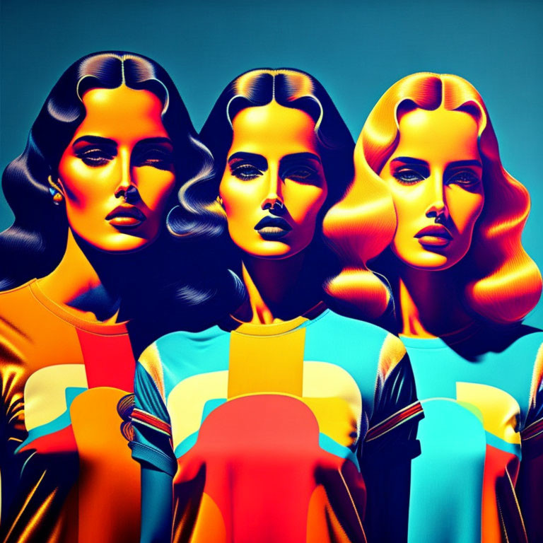 Stylized women with wavy hair in colorful retro t-shirts