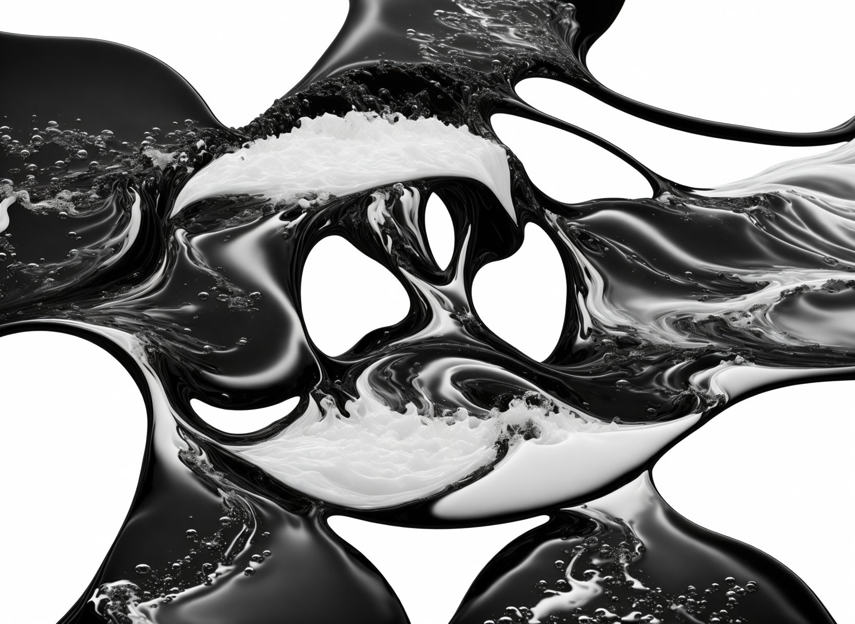 High-contrast abstract black and white fluid art on white background