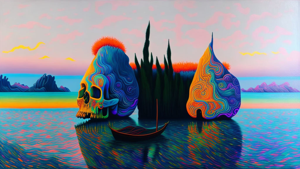 Colorful Psychedelic Skull & Nature Scene with Boat on Rippled Water