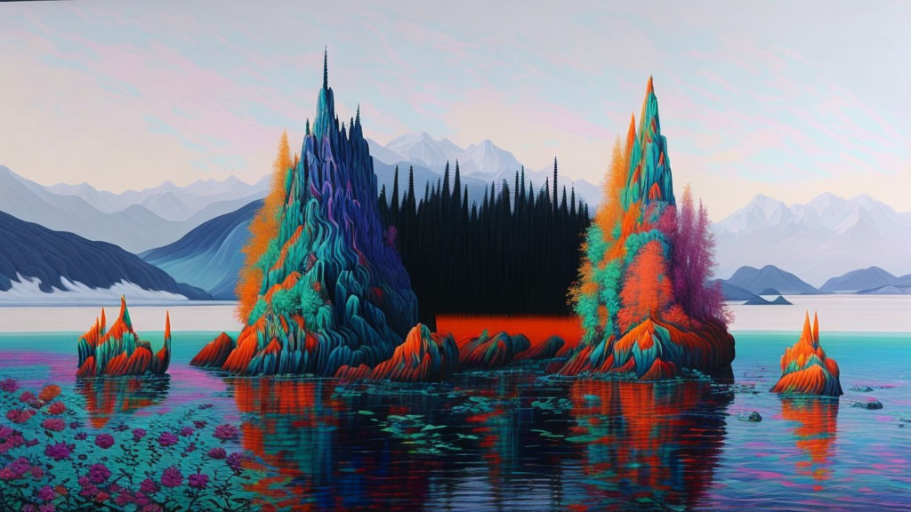 Colorful surreal landscape with foliage-covered islands, reflective waters, and mountain backdrop