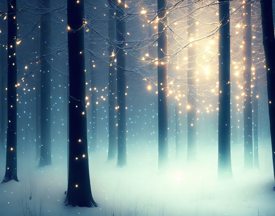 Enchanted forest with tall trees, twinkling lights, blue mist, and falling snowflakes